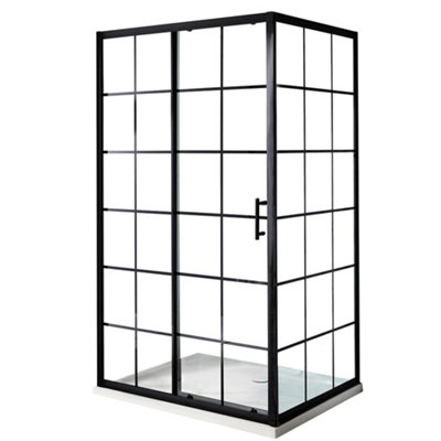 Homestylestore Black Grid Sliding Door Corner Shower Enclosure And White Tray 1400 X 800mm from B&Q