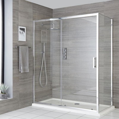 Homestylestore Chrome Corner Wet Room Walk In Sliding Door Shower Enclosure And White Tray With Fast Flow Waste 1400 X 700mm from B&Q