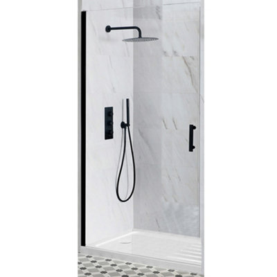 Homestylestore Black Walk In Wet Room Hinged Door Shower Enclosure And White Tray With Drying Area 1400 X 900mm from B&Q
