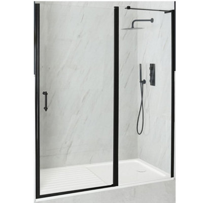 Homestylestore Black Walk In Wet Room Hinged Door Frameless Shower Enclosure And White Tray With Drying Area 1700 X 800mm from B&Q