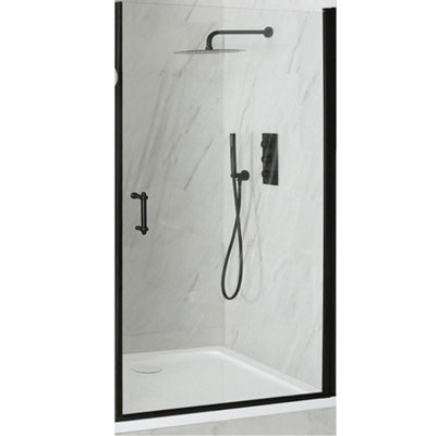 B&Q -  Black Walk In Wet Room Hinged Door Frameless Shower Enclosure And White Tray With Fast Flow Waste 1000 X 1000mm