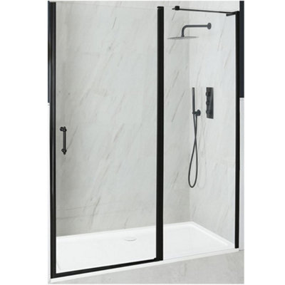 Homestylestore Black Walk In Wet Room Hinged Door Frameless Shower Enclosure And White Tray With Fast Flow Waste 1400 X 700mm from B&Q