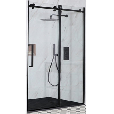 Homestylestore Black Reversible Frameless Sliding Door Shower Enclosure With Graphite Slate Effect Tray 1400 X 800mm from B&Q