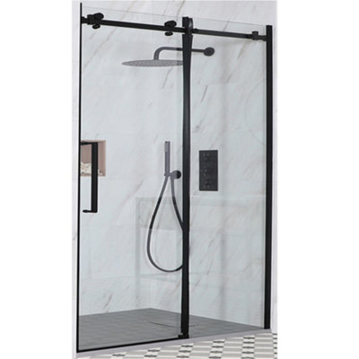 Homestylestore Black Reversible Frameless Sliding Door Shower Enclosure With Light Grey Slate Effect Tray 1400 X 800mm from B&Q
