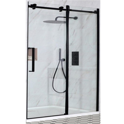 Homestylestore Black Reversible Frameless Sliding Door Shower Enclosure And White Tray With Fast Flow Waste 1400 X 900mm from B&Q