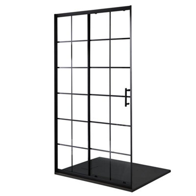 Homestylestore Black Grid Sliding Door Shower Enclosure And Graphite Slate Effect Tray 1200 X 900mm from B&Q