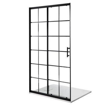 B&Q -  Black Grid Sliding Door Shower Enclosure And White Slate Effect Tray 1500 X 900mm