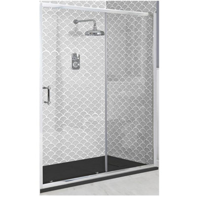 Homestylestore Chrome Reversible Sliding Door Shower Enclosure With Graphite Slate Effect Tray And Fast Flow Waste 1700 X 900mm from B&Q