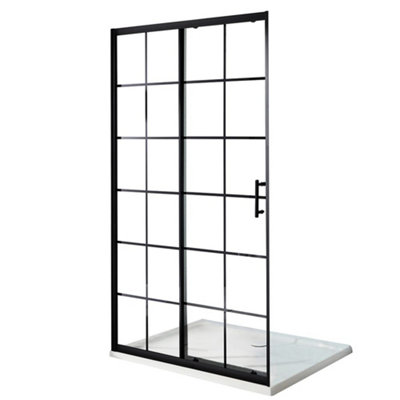 Homestylestore Black Grid Sliding Door Shower Enclosure And White Tray 1400 X 760mm from B&Q