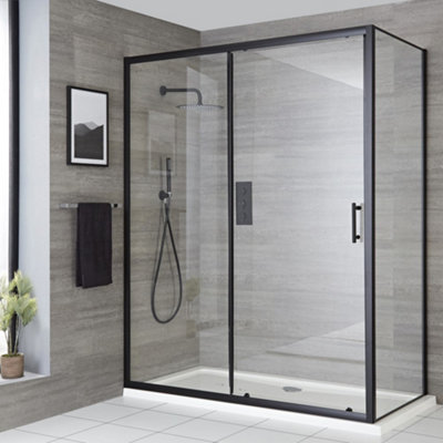 Homestylestore 1600mm Black Reversible Wet Room Shower Enclosure Sliding Door With 800mm Side Panel from B&Q