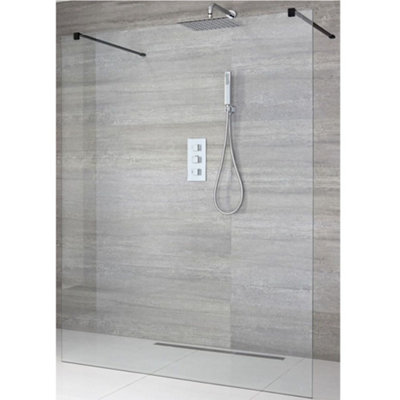 Homestylestore 1400mm Black Floating Glass Walk In Wet Room Shower Enclosure With Screen And Support Arms 200mm Square Tile Drain from B&Q