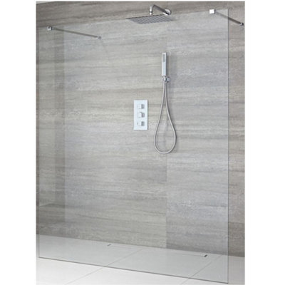 Homestylestore 1400mm Chrome Floating Glass Walk In Wet Room Shower Enclosure With Screen And Support Arms 200mm Square Tile Drain from B&Q