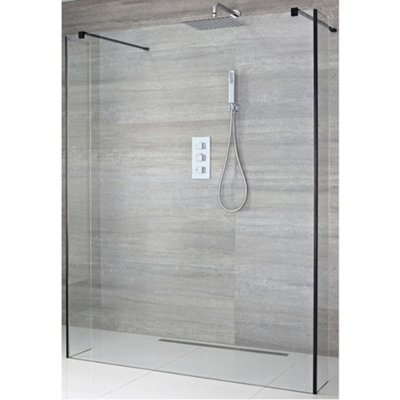 Homestylestore 900mm Black Floating Glass Walk In Wet Room Shower Enclosure With 1200mm Linear Drain from B&Q