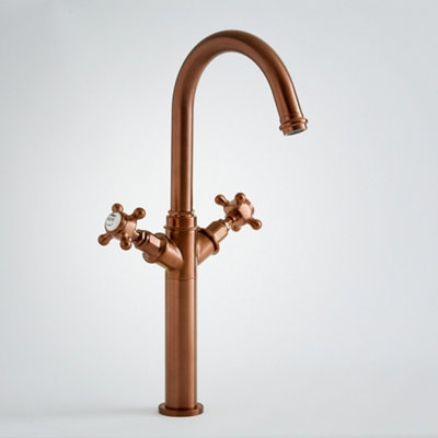 Homestylestore Brushed Copper High Rise Bathroom Basin Mixer Tap With Crosshead Handles from B&Q