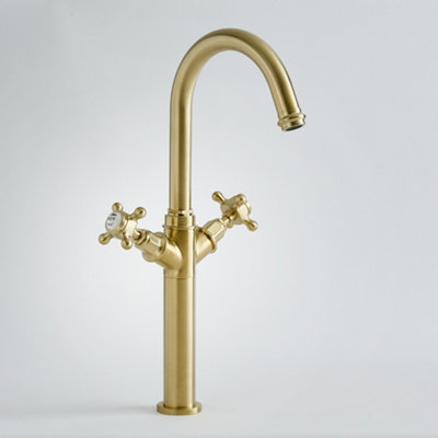 Homestylestore Brushed Brass High Rise Bathroom Basin Mixer Tap With Crosshead Handles from B&Q