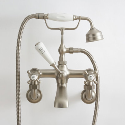 Homestylestore Brushed Nickel Wall Mounted Bath Shower Mixer Tap With Crosshead Handles from B&Q