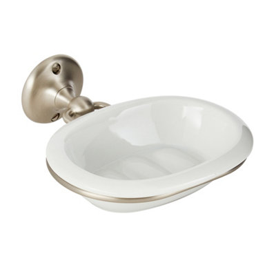 Homestylestore Brushed Nickel Bathroom Wall Mounted White Ceramic Soap Dish And Holder from B&Q