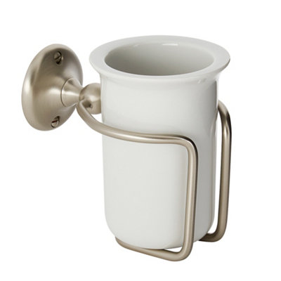 Homestylestore Brushed Nickel Wall Mounted Bathroom Ceramic Toothbrush Tumbler And Brushed Nickel Holder from B&Q
