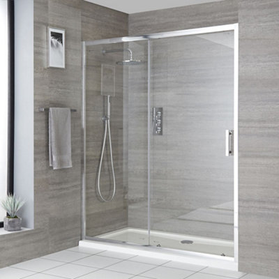 Homestylestore Chrome Reversible Walk In Wet Room Sliding Door Shower Enclosure And White Tray With Fast Flow Waste 1400 X 900mm from B&Q