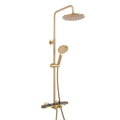 Homestylestore Brushed Brass Round Thermostatic Bar Mixer Shower Valve Rainfall Shower Head Multifunction Hand Shower Bath Spout from B&Q