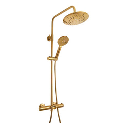 Homestylestore Brushed Brass Round Thermostatic Bar Mixer Shower Valve Shower Head Multifunction Hand Shower Bath Spout from B&Q