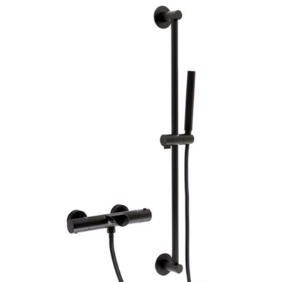 Homestylestore Black Round Thermostatic Bar Mixer Valve Bath Spout Riser Rail Hand Shower Handset from B&Q