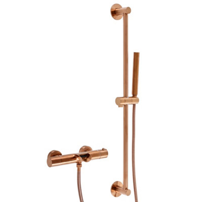 Homestylestore Brushed Bronze Round Thermostatic Bar Mixer Valve Bath Spout Riser Rail Hand Shower Handset from B&Q