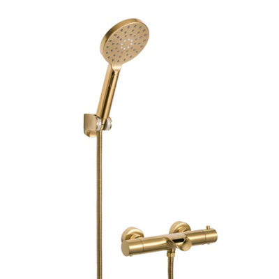 Homestylestore Brushed Brass Round Thermostatic Bar Mixer Shower Valve Multifunction Hand Shower Bath Spout from B&Q