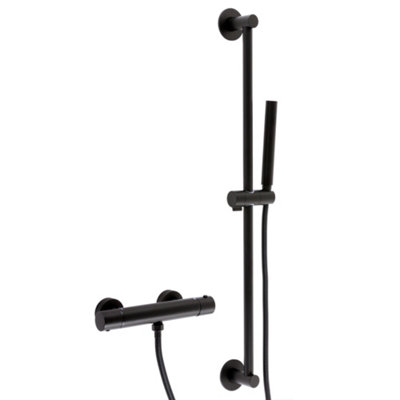 Homestylestore Black Round Thermostatic Bar Mixer Valve Riser Rail Hand Shower Handset from B&Q