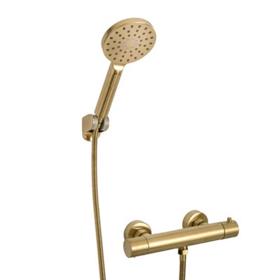 Homestylestore Brushed Brass Round Thermostatic Bar Mixer Shower Valve Multifunction Hand Shower from B&Q