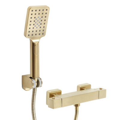 Homestylestore Brushed Brass Square Thermostatic Bar Mixer Shower Valve Multifunction Hand Shower from B&Q