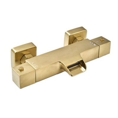 Homestylestore Brushed Brass Square Thermostatic Bar Mixer Shower Valve Bath Spout from B&Q