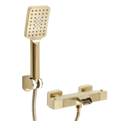 Homestylestore Brushed Brass Square Thermostatic Bar Mixer Shower Valve Multifunction Hand Shower Bath Spout from B&Q