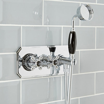 Homestylestore Chrome & Black 2 Outlet Twin Diverter Thermostatic Mixer Shower Valve With Hand Shower And Hose from B&Q