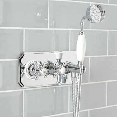 Homestylestore Chrome & White 2 Outlet Twin Diverter Thermostatic Mixer Shower Valve With Hand Shower And Hose from B&Q