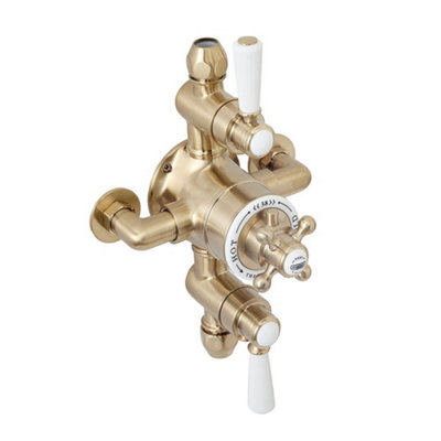 Homestylestore Brushed Brass Exposed Triple Thermostatic Mixer Shower Valve 2 Outlets from B&Q