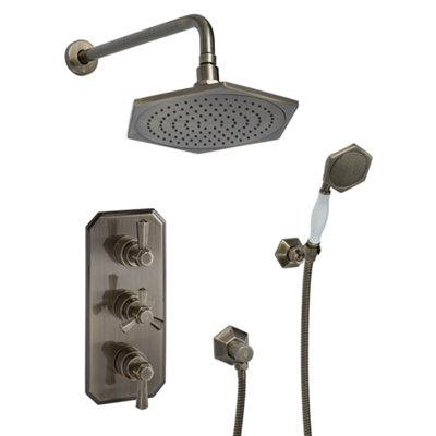 Homestylestore Aged Gold Art Deco Triple Thermostatic Mixer Valve Shower Head Handset Kit from B&Q