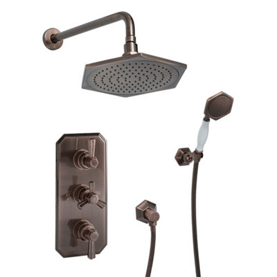 Homestylestore Aged Bronze Art Deco Triple Thermostatic Mixer Valve Shower Head Handset Kit from B&Q