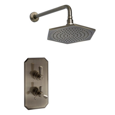 Homestylestore Aged Gold Art Deco Twin Thermostatic Mixer Valve Rainfall Shower Head Wall Arm from B&Q