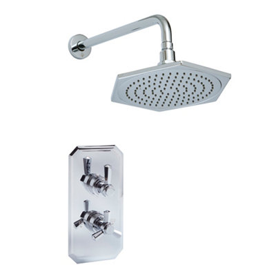 Homestylestore Chrome Art Deco Twin Thermostatic Mixer Valve Rainfall Shower Head Wall Arm from B&Q