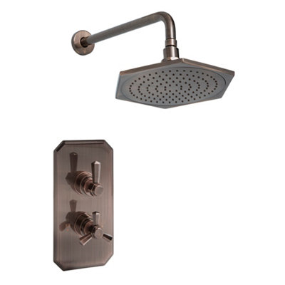 Homestylestore Aged Bronze Art Deco Twin Thermostatic Mixer Valve Rainfall Shower Head Wall Arm from B&Q