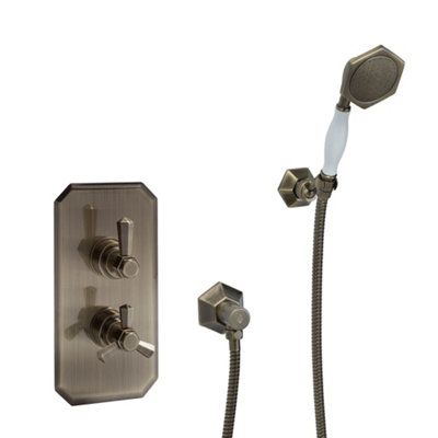 Homestylestore Aged Gold Art Deco Twin Thermostatic Mixer Valve Hand Shower Handset Kit from B&Q