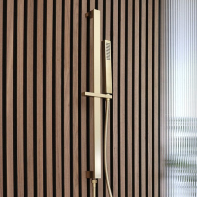 Homestylestore Brushed Brass Square Hand Shower Handset Hose Integrated Elbow Slide Bar Riser Rail from B&Q
