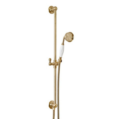 Homestylestore Brushed Brass Bathroom Riser Rail Slide Bar Kit Telephone Style Hand Shower And Integrated Elbow from B&Q