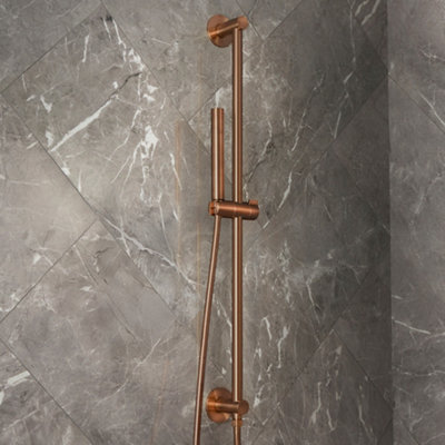 Homestylestore Brushed Copper Bathroom Riser Rail Slide Bar Kit Pencil Hand Shower Integrated Elbow from B&Q