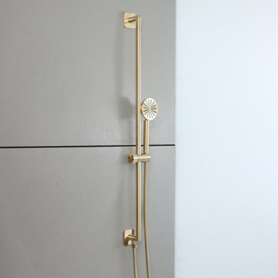 Homestylestore Brushed Brass Bathroom Riser Rail Slide Bar Kit Hand Shower Integrated Elbow from B&Q