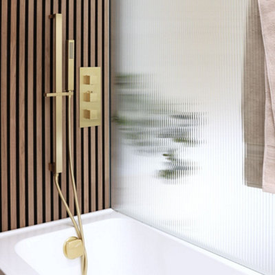 Homestylestore Brushed Brass Triple Thermostatic Mixer Shower Valve Overflow Bath Filler Riser Rail Hand Shower from B&Q