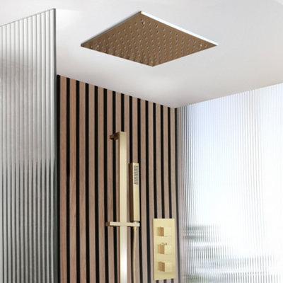 Homestylestore Brushed Brass Triple Thermostatic Mixer Shower Valve 400mm Recessed Shower Head Hand Shower Riser Rail from B&Q