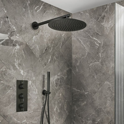 Homestylestore Black Thermostatic Mixer Valve 300mm Round Rainfall Shower Head Handset Kit from B&Q