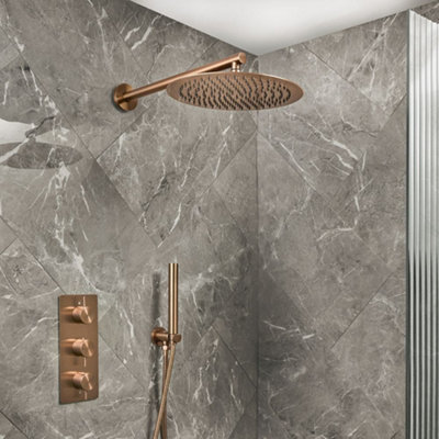 Homestylestore Brushed Copper Thermostatic Mixer Valve 300mm Round Rainfall Shower Head Handset Kit from B&Q